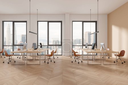Photo for Interior of modern open space office with white and beige walls, wooden floor, rows of computer tables with leather chairs. 3d rendering - Royalty Free Image