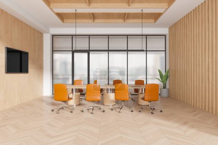 Foto de Interior de la sala de conferencias de negocios con sillones y pizarra naranja, pantalla de televisión en la pared de madera. Espacio de reunión minimalista con muebles y planta en suelo de madera. Renderizado 3D - Imagen libre de derechos
