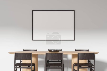 Téléchargez les photos : Intérieur de la salle à manger moderne avec murs blancs, sol en béton, longue table à manger avec chaises noires et affiche maquette horizontale. Rendu 3d - en image libre de droit
