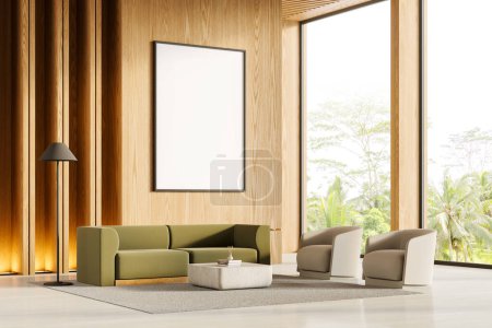 Photo for Corner of modern office waiting room with wooden walls, concrete floor, comfortable green couch and white armchairs standing near coffee table. Vertical mock up poster. 3d rendering - Royalty Free Image