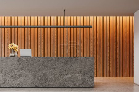Photo for Luxury office reception interior lobby with stone desk and laptop, grey concrete floor. Registration and office check-in space, entrance and corridor. 3D rendering - Royalty Free Image