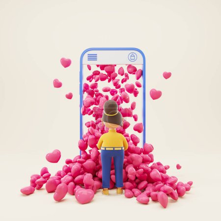 Téléchargez les photos : Personnage femme vue arrière en regardant l'écran de téléphone avec des cœurs roses tombants. Concept de sms, admiration, amour, comme et les médias sociaux. Illustration de rendu 3D - en image libre de droit