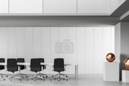 Foto de Interior blanco de la sala de reuniones o conferencias con mesa y sillones, suelo de hormigón ligero. Decoración de oro de lujo. Diseño de oficina minimalista con muebles de negocios. Renderizado 3D - Imagen libre de derechos