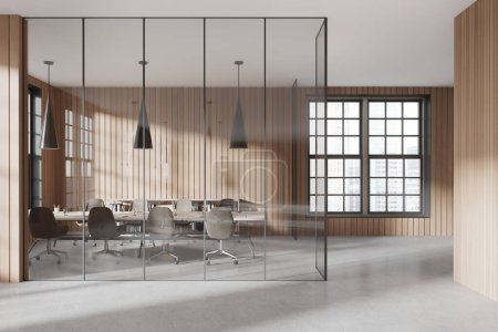 Foto de Interior de la elegante sala de reuniones de oficina con paredes de madera y vidrio, suelo de hormigón y mesa de conferencias larga con sillas grises. renderizado 3d - Imagen libre de derechos
