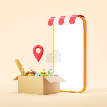 Photo for Smartphone mock up large blank display and shopping box with products, beige background. Concept of delivery and online order. 3D rendering illustration - Royalty Free Image