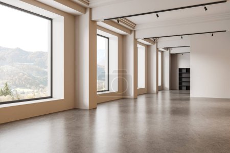Photo for Corner view of beige empty office room interior with concrete floor, wall partition and shelf. Reception or workspace in modern loft with no furniture, no people. 3D rendering - Royalty Free Image