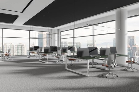Photo for Corner of modern open space office with white walls, carpeted floor and row of green computer tables with orange chairs. 3d rendering - Royalty Free Image