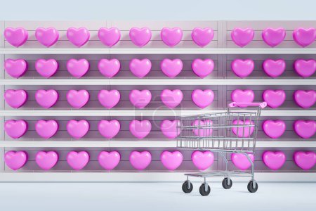 Foto de Vista de estantes de tiendas blancas llenos de corazones rosados y carrito de supermercado de pie cerca de ellos. Concepto de celebración del día de San Valentín y mercancía. renderizado 3d - Imagen libre de derechos