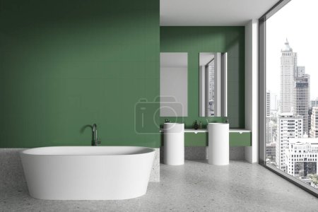 Téléchargez les photos : Green hôtel salle de bain intérieure avec baignoire et double lavabo et miroir, fenêtre panoramique sur les gratte-ciel de Bangkok. Cloison de mur d'espace de copie de maquette. rendu 3D - en image libre de droit