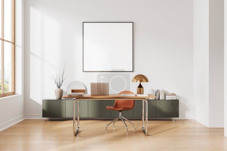 Photo for Cozy business interior desk and laptop, sideboard with decoration on hardwood floor. Ceo workplace with technology and panoramic window on Bangkok. Mockup copy space square poster. 3D rendering - Royalty Free Image