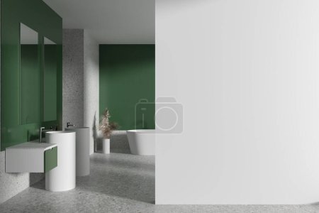 Téléchargez les photos : Green home salle de bain intérieure avec double lavabo, vanité avec accessoires et baignoire. Zone de baignade minimaliste dans l'appartement. Maquette de partition de mur d'espace de copie. rendu 3D - en image libre de droit