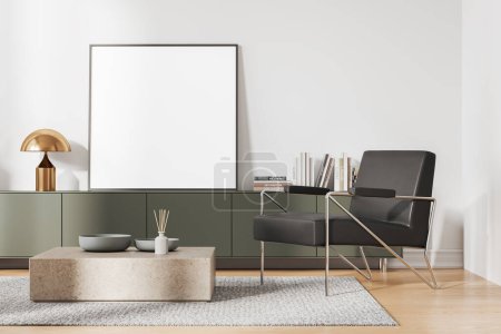 Photo for Interior of stylish living room with white walls, wooden floor, black armchair standing near green dresser and square mock up poster. 3d rendering - Royalty Free Image
