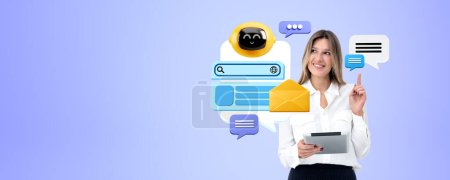 Photo for Woman finger point up text bubble, holding tablet in hand. Robot communication icons with speech bubbles flying, copy space. Concept of virtual assistant and social media - Royalty Free Image