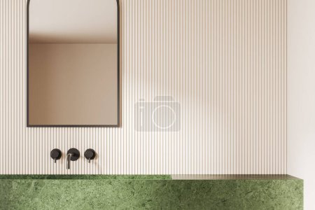 Photo for Interior of stylish bathroom with beige walls and comfortable sink made of green marble with vertical mirror hanging above it. 3d rendering - Royalty Free Image