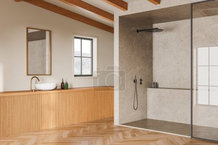 Foto de Vista de esquina del elegante cuarto de baño interior con lavabo y tocador de madera, ducha con tabique de vidrio en el suelo de madera. Ventana panorámica en el campo. Renderizado 3D - Imagen libre de derechos