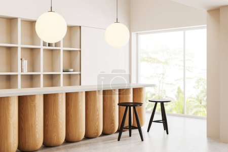 Photo for Corner of modern restaurant with white walls, concrete floor and long wooden bar counter with stools and big ceiling lamps above it. 3d rendering - Royalty Free Image