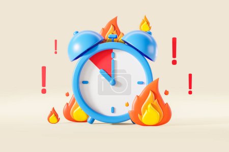 Foto de Gran reloj despertador de dibujos animados con fuego, llamas y signos de exclamación roja sobre fondo beige. Concepto de plazo, se acaba el tiempo y la emergencia. Ilustración de representación 3D - Imagen libre de derechos