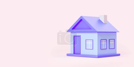 Téléchargez les photos : Vue de belle maison de dessin animé violet sur fond d'espace de copie rose. Concept d'immobilier, achat et déménagement. Rendu 3d - en image libre de droit