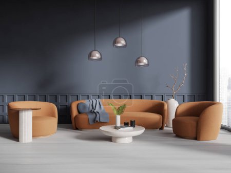 Foto de Interior de la moderna sala de estar con paredes grises, suelo de hormigón, cómodo sofá naranja y sillón de pie cerca de la mesa de centro redonda y hermosa lámpara de techo. renderizado 3d - Imagen libre de derechos