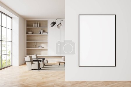 Foto de Interior de la moderna sala de estar con paredes blancas, suelo de madera, sillones grises y sofá de pie cerca de la mesa de centro y librería. Una maqueta vertical de póster. renderizado 3d - Imagen libre de derechos