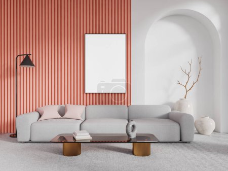 Foto de Interior de la moderna sala de estar con paredes blancas y rosadas, suelo de hormigón, cómodo sofá gris de pie cerca de la mesa de centro y la maqueta vertical de póster. renderizado 3d - Imagen libre de derechos