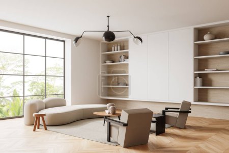 Téléchargez les photos : Coin du salon moderne avec murs blancs, sol en bois, fauteuils gris et canapé debout près de la table basse et deux bibliothèques. Rendu 3d - en image libre de droit