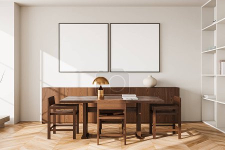 Photo for Luxury home living room interior with dining table and chairs, wooden sideboard. Eating space with shelf and stylish art decoration. Two mock up square canvas posters in row. 3D rendering - Royalty Free Image