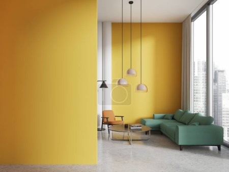 Foto de Interior de la moderna sala de estar con paredes amarillas y blancas, suelo de hormigón, cómodo sofá verde y sillón naranja de pie cerca de la mesa de centro. Copiar pared espacial. renderizado 3d - Imagen libre de derechos