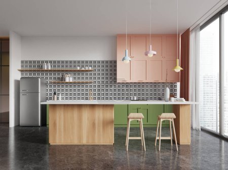 Photo for Stylish home kitchen interior with counter and cabinet with kitchenware, refrigerator on grey concrete floor. Eating and cooking space with panoramic window on skyscrapers. 3D rendering - Royalty Free Image