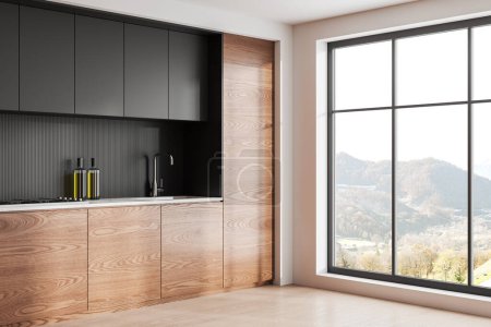 Photo for Corner view of home kitchen interior with sink and stove, cabinet with kitchenware on hardwood floor. Cooking space in modern apartment with panoramic window. 3D rendering - Royalty Free Image