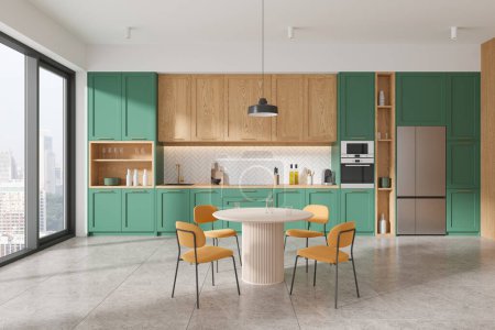 Photo for Interior of modern kitchen with white walls, tiled floor, wooden cupboards, green cabinets and round dining table with chairs. 3d rendering - Royalty Free Image