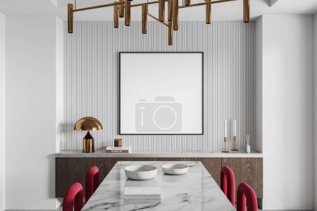Photo for Luxury home living room interior with marble dinner table, red chairs and sideboard with minimalist art decoration. Mock up canvas poster on wall. 3D rendering - Royalty Free Image