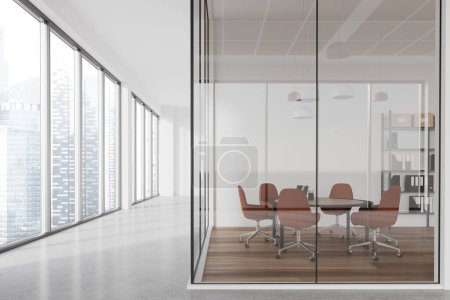 Foto de Moderno interior de la sala de negocios con sillas y mesa de reuniones, piso de madera. Oficina espacio para conferencias con ventana panorámica en los rascacielos de Singapur. Renderizado 3D - Imagen libre de derechos