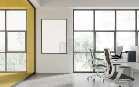 Photo for Stylish workspace interior with armchairs, desk with pc computer on concrete floor. Panoramic window on tropics. Mock up canvas poster on white wall. 3D rendering - Royalty Free Image