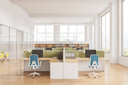 Photo for Bright office interior with coworking space, pc computers on table in row with divider. Glass conference room and panoramic window on Bangkok skyscrapers. 3D rendering - Royalty Free Image