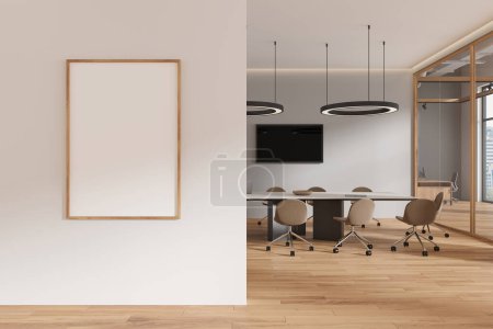 Photo for White business room interior with board, chairs and tv screen on wall, hardwood floor. Conference workplace with panoramic window on skyscrapers. Mock up canvas poster on partition. 3D rendering - Royalty Free Image