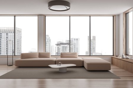 Foto de Interior de la sala de estar panorámica con paredes blancas, suelo de madera y cómodo sofá beige de pie cerca de la mesa de centro cuadrada. renderizado 3d - Imagen libre de derechos