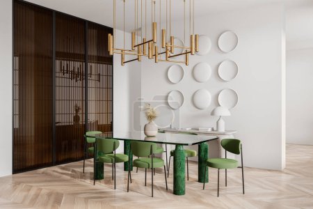 Photo for Corner view of living room interior with green chairs and glass table, hardwood floor. White dining or meeting space with decoration and accent wall. 3D rendering - Royalty Free Image