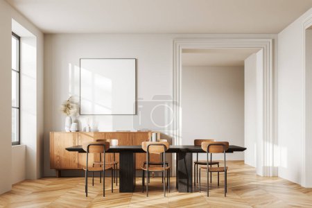 Photo for White home living room interior with wooden sideboard, hardwood floor. Dining space and stylish art decoration near panoramic window. Mock up canvas poster on wall. 3D rendering - Royalty Free Image