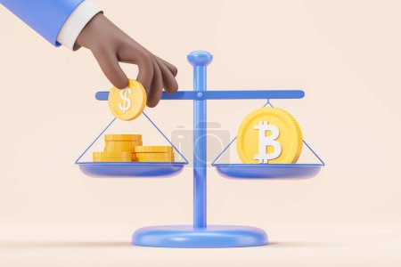 Hand eines Karikaturisten, der Bitcoin und Dollar auf eine Waage über gelbem Hintergrund legt. Konzept für den Austausch von Kryptowährungen. 3D-Darstellung