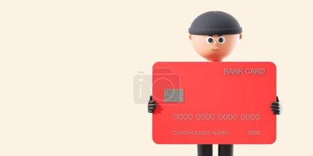 Photo for Cartoon character man holding a red bank card, empty copy space white background. Concept of scammer, financial crime and money stealer. 3D rendering illustration - Royalty Free Image