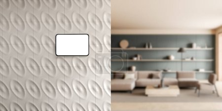 Téléchargez les photos : Vue sur la tablette moderne smart home accrochée au mur dans un salon flou avec des murs blancs, un canapé confortable et une table basse. Rendu 3d - en image libre de droit