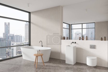 Foto de Esquina de baño moderno con paredes blancas, suelo de hormigón, cómoda bañera blanca, fregadero redondo con gran espejo encima y WC. renderizado 3d. renderizado 3d - Imagen libre de derechos