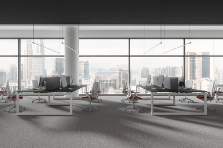 Photo for Interior of modern open space office with white walls, carpeted floor and row of green computer tables with orange chairs. 3d rendering - Royalty Free Image