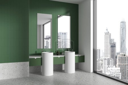 Téléchargez les photos : Coin de salle de bain élégante avec des murs verts, sol en béton et double lavabo rond avec deux miroirs verticaux suspendus au-dessus. Rendu 3d - en image libre de droit