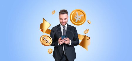 Photo for Cheerful young businessman with smartphone using money transaction and exchange app. Concept of online banking - Royalty Free Image