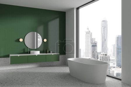 Téléchargez les photos : Vue en angle de l'intérieur de la salle de bain de l'hôtel avec lavabo et baignoire, fenêtre panoramique sur les gratte-ciel de Bangkok. Zone de baignade dans un appartement de luxe moderne. rendu 3D - en image libre de droit