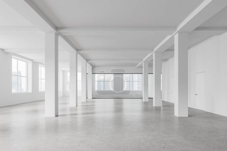 Foto de Moderno interior de loft de negocios vacío con columnas en fila y puertas invisibles, sala de cristal y suelo de hormigón ligero. Ventana panorámica de los rascacielos Kuala Lumpur. Renderizado 3D - Imagen libre de derechos