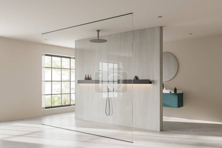 Photo for Corner view of hotel bathroom interior with glass shower, sink with vanity and panoramic window on tropics. Bathing space in modern contemporary apartment. 3D rendering - Royalty Free Image
