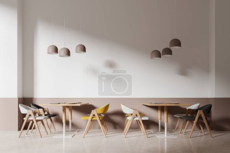 Foto de Elegante interior de cafetería con sillas y mesa de madera con platos, suelo de hormigón beige. Elegante zona de comedor cafetería con muebles modernos. Renderizado 3D - Imagen libre de derechos